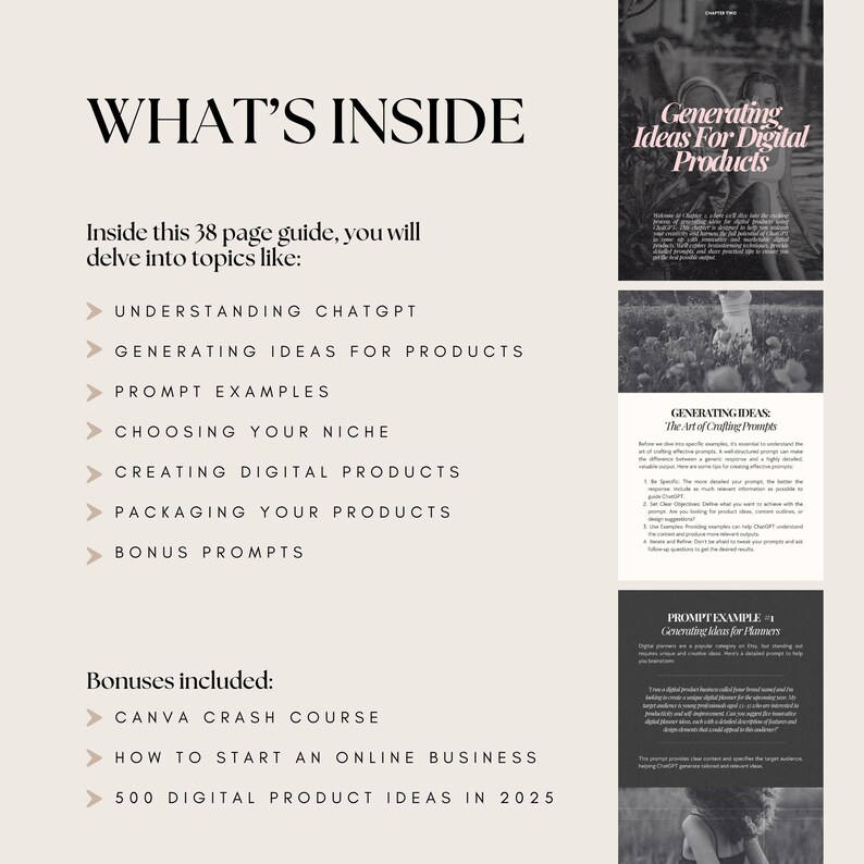 May include: A digital product guide with the title "WHAT'S INSIDE" and the text "Inside this 38 page guide, you will delve into topics like:" followed by a list of topics. The guide also includes bonuses such as a Canva crash course.