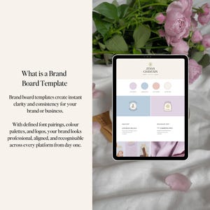 May include: A tablet displays a brand board template with a color palette, logos, and font pairings. The text reads "What is a Brand Board Template" and describes how templates create clarity and consistency for a brand or business.