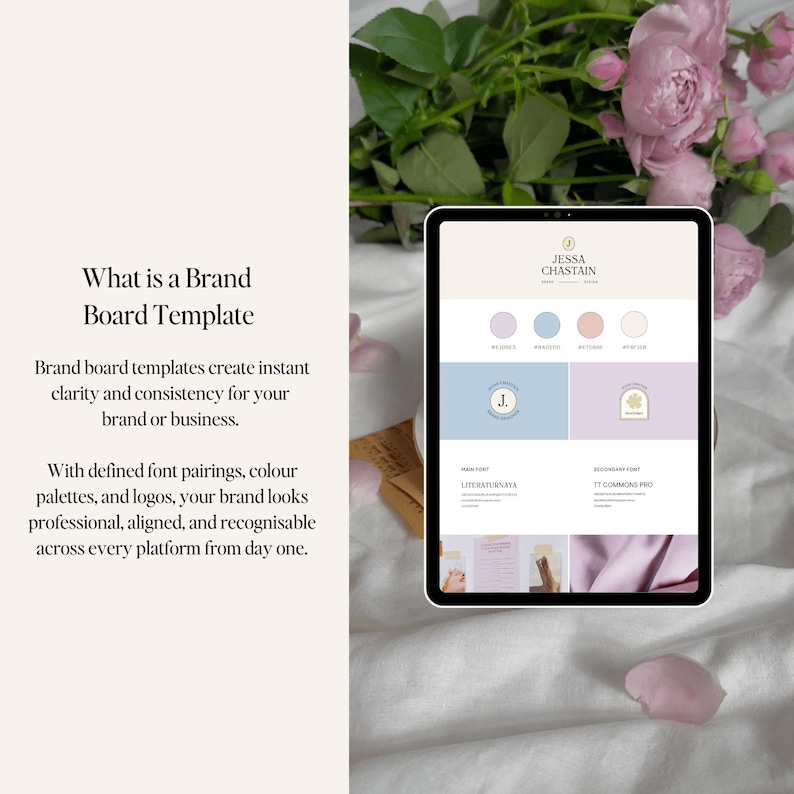 May include: A tablet displays a brand board template with a color palette, logos, and font pairings. The text reads "What is a Brand Board Template" and describes how templates create clarity and consistency for a brand or business.
