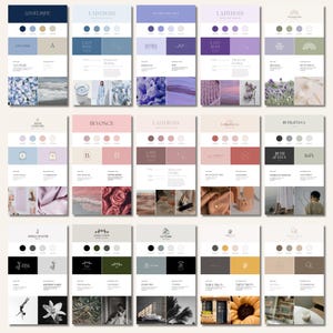 May include: A collection of design mood boards with various color palettes and branding elements. Each board features a logo, color swatches, and sample images. The boards are arranged in a grid, showcasing a range of design styles and themes.