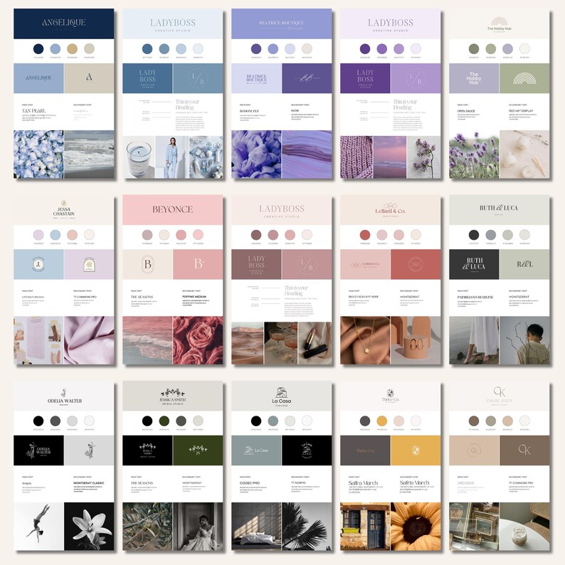 May include: A collection of design mood boards with various color palettes and branding elements. Each board features a logo, color swatches, and sample images. The boards are arranged in a grid, showcasing a range of design styles and themes.