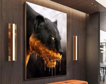 Schwarz Goldener Panther Luxus Leinwand Gemälde Tiger Löwe Tier Wandkunst für Wohnzimmer Wohnkultur Tierliebhaber