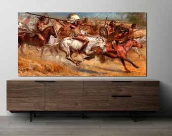 Indianerpferd-Leinwand, Indianerkrieg-Wandkunst, riesige Leinwand, Heimdekoration, Pferdegemälde, Leinwand, Indianerstamm, Leinwand-Wandkunst