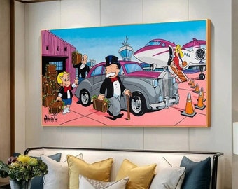 Impression sur toile Monopoly d'Alec, argent vibrant, décoration de salon unique et accrocheuse avec dessin animé graffiti art cadeau de luxe