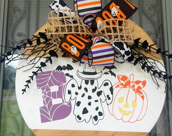 Boo with the Jack lantern cow ghost wooden round sign