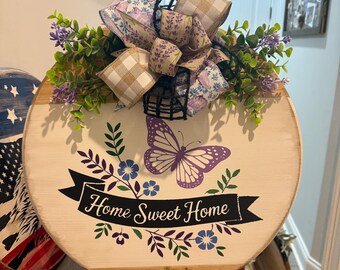 Home sweet home purple butterfly wooden round sign