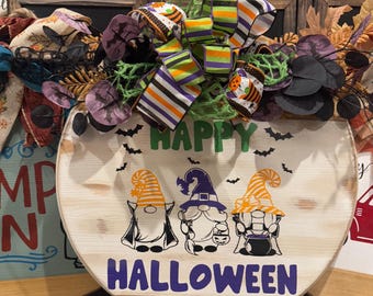 Happy Halloween with gnomes wooden round sign
