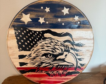 American flag with eagle wooden round sign