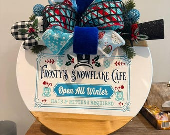 Frosty snowflake cafe wooden round sign