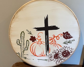 Cross with pumpkin and cactus wooden round sign