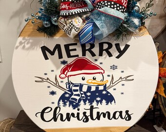 Merry Christmas snowman wooden round sign