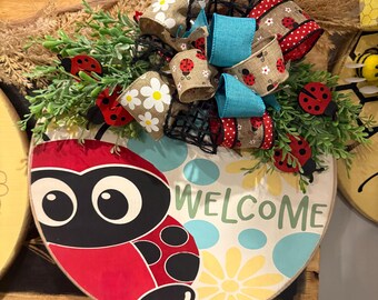 Welcome ladybug and sunflower  wooden sign