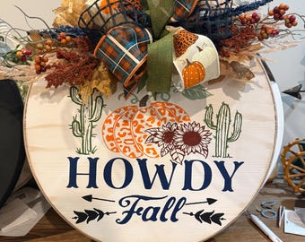 Howdy fall with cheetah print pumpkin and sunflower wooden round sign