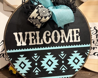 Welcome blue and black Aztec wooden round sign