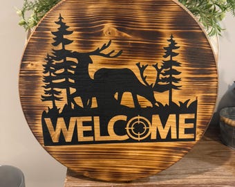 Welcome hunting buck wooden round sign