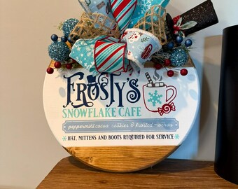Frosty snowflake cafe wooden round sign