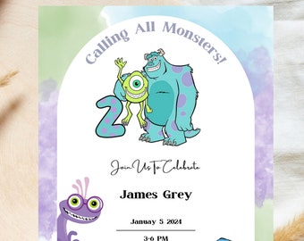 May include: A colorful invitation with a watercolor background featuring the characters Mike and Sully from the movie Monsters Inc. The invitation is for a birthday party for James Grey, on January 5, 2024, from 3-6 PM at 1234 Party In, San Diego, CA 77012.