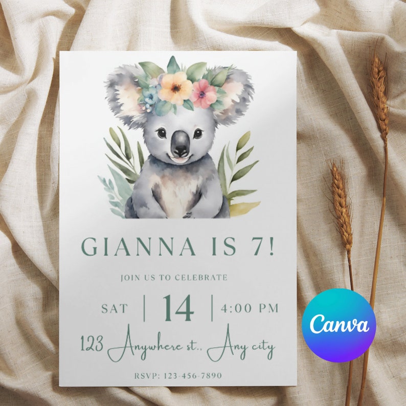 Koala Birthday Invitation Template - Etsy