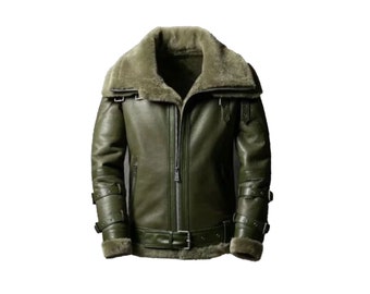 Handgefertigte Herren Bomber B3 Doppelkragen RAF Aviator Lederjacke, Faux Lammfell Schaffell Piloten Lederjacke, Geschenk für Ihn