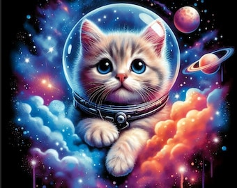 May include: A cute, white and brown tabby cat wearing a space helmet floats in a galaxy of stars and clouds. The cat has big, blue eyes and a sweet expression.