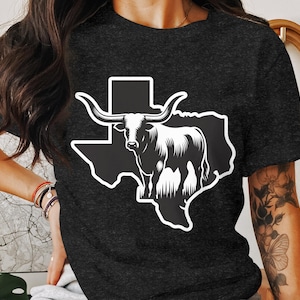 T-shirt longhorn de l'État du Texas, t-shirt graphique sur le thème du rodéo occidental, chemise unique de carte du Texas, chemise longhorn de style campagnard, vêtements Southern Pride