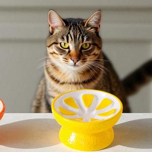 May include: A yellow and white ceramic cat bowl shaped like a lemon, with a matching orange bowl visible. A tabby cat with yellow eyes is in the background, looking at the bowls. The bowls are on a white surface.
