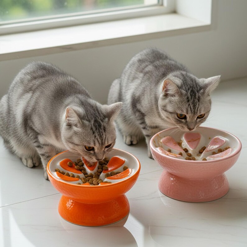 May include: Two gray tabby cats eating from ceramic slow feeder bowls. One bowl is orange, the other is pink. The bowls have a flower-like design with raised sections to slow down eating. The cats are on a white tiled floor.