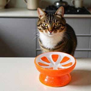May include: An orange and white ceramic cat bowl in the shape of a citrus fruit sits on a white surface. A brown tabby cat with yellow eyes and white chest fur is in the background, looking at the bowl. The bowl has a round base and a segmented top.
