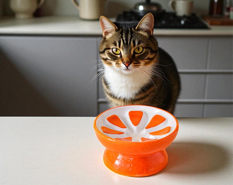 May include: An orange and white ceramic cat bowl in the shape of a citrus fruit sits on a white surface. A brown tabby cat with yellow eyes and white chest fur is in the background, looking at the bowl. The bowl has a round base and a segmented top.