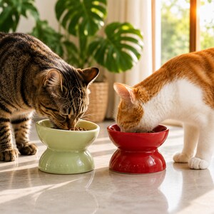 Puede incluir: Un gato atigrado marrón y un gato naranja y blanco comiendo de dos cuencos de cerámica. El cuenco de la izquierda es verde claro y el de la derecha es rojo. Ambos cuencos tienen una base de pedestal ancha y elevada y un cuenco poco profundo.