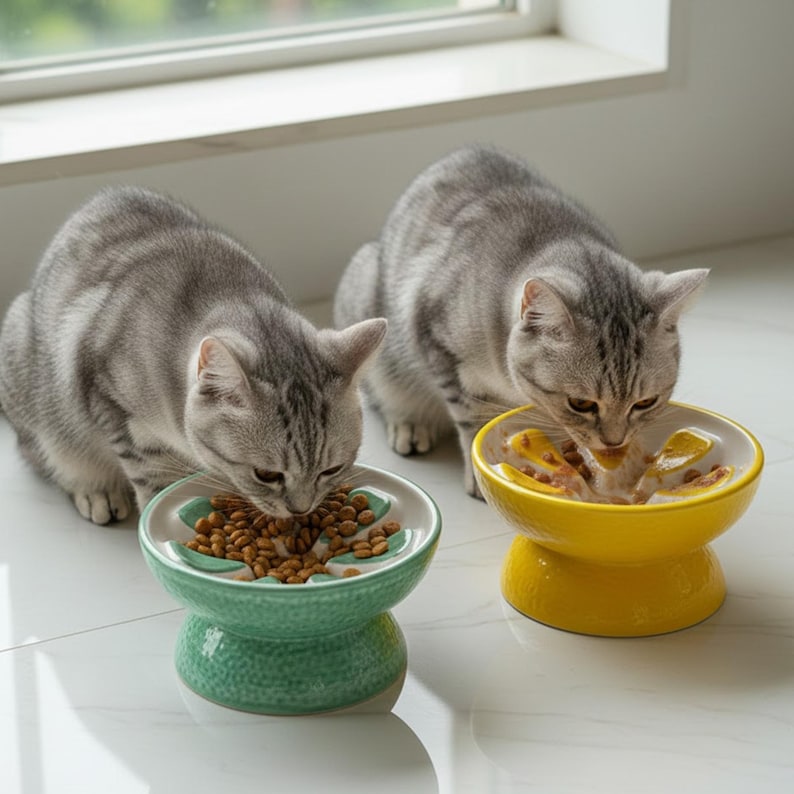 May include: Two gray tabby cats eating from ceramic slow feeder bowls. One bowl is green, the other is yellow. The bowls have a raised center with a maze-like design to slow down eating. The cats are indoors near a window.