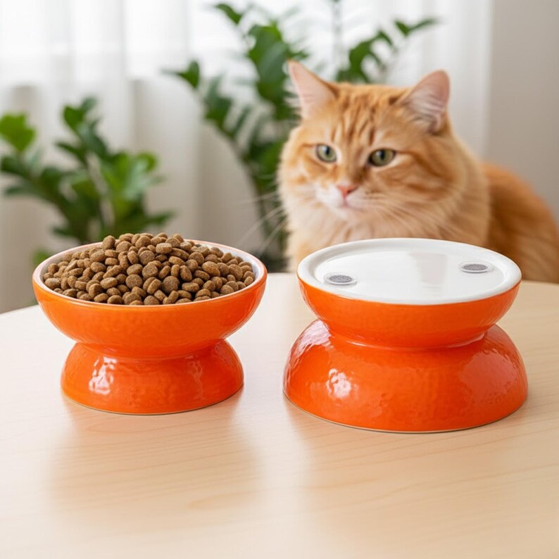 May include: Two orange ceramic pet bowls. One bowl is filled with dry pet food. The other bowl has a white top with two small gray circles. A ginger cat is in the background.