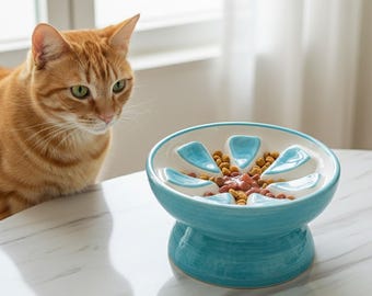 Elevated Ceramic Slow Feeder Cat Bowl — Raised Pet Dish, Whisker‑Friendly, Dishwasher & Microwave Safe