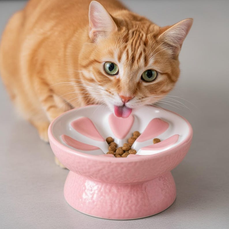 May include: A pink ceramic cat bowl with a flower-shaped design, filled with dry cat food. An orange tabby cat with green eyes is licking the bowl. The bowl has a pedestal base and a textured finish.
