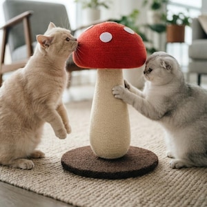 May include: A mushroom-shaped cat scratching post featuring a red cap with white circular spots, a beige sisal-wrapped stem, and a circular dark brown base. Two cats are interacting with the structure, one sniffing the cap and one scratching the stem.