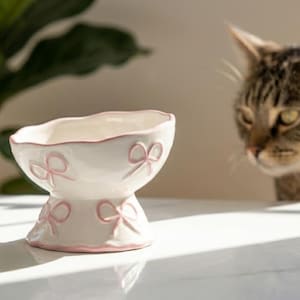 May include: A white ceramic bowl with a pedestal base, featuring a scalloped rim and raised light pink bow motifs around the exterior. The bowl has a smooth, glossy finish and a light pink trim along the top edge and the base of the pedestal.