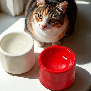 Puede incluir: Un gato calicó está cerca de dos cuencos de cerámica para mascotas. Un cuenco es blanco y el otro rojo vibrante. Los cuencos son cilíndricos con un interior redondeado. El gato tiene pelaje naranja, negro y blanco.