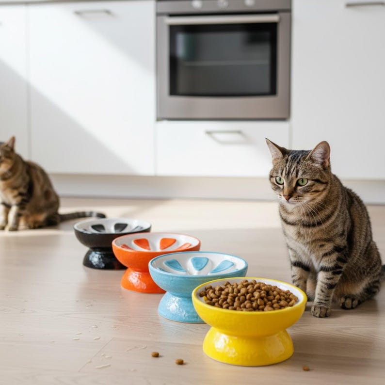 May include: A selection of colorful ceramic cat food bowls in black, orange, blue, and yellow, each with a unique design. One bowl is filled with dry cat food. A tabby cat sits nearby, observing the bowls.