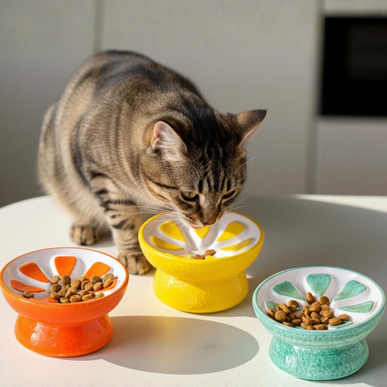 May include: A tabby cat eats from a yellow ceramic cat bowl shaped like a lemon slice. Two other bowls, one orange and one teal, are also visible, each filled with dry cat food. The bowls have a citrus fruit design.