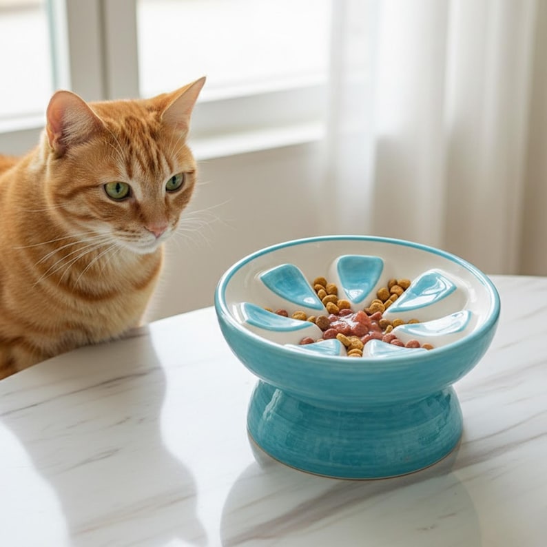 May include: A light blue ceramic cat bowl with a white interior and a flower-like design. The bowl is filled with cat food and is placed on a white marble table. An orange tabby cat is looking at the bowl.