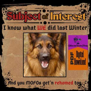 Puede incluir: Una descarga digital de un poema titulado "Hatasha Chartes Poetry". La imagen presenta un perro pastor alemán con pelaje marrón y negro, mirando directamente a la cámara con la boca abierta. El texto "Subject of Interest" está en la parte superior de la imagen, y el texto "I know what WE did last Winter" está debajo de la imagen del perro. El texto "And you Mofos get'n rehomed too" está en la parte inferior de la imagen.
