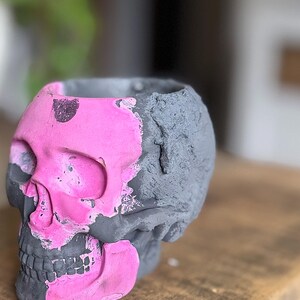 May include: A skull-shaped planter made of dark gray concrete with a textured surface. The front portion of the skull is partially painted with a vibrant, matte hot pink color, creating a stark contrast against the natural dark gray material.