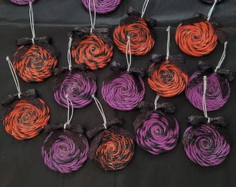 Halloween candy lollipop swirl ornament set Orange and Purple tiered tray, spooky decor