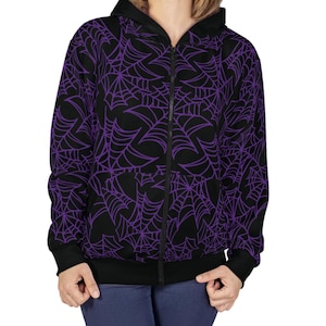 Black and Purple Spiderweb Halloween zip up Hoodie, cool gothic spider zippered jacket hoody
