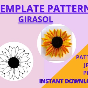 May include: An image featuring a sunflower template pattern. The image includes a black and white outline of a sunflower, and a colorful sunflower with yellow, orange, and black petals. Text includes "TEMPLATE PATTERN GIRASOL" and "PATTERN JPG PDF INSTANT DOWNLOAD".