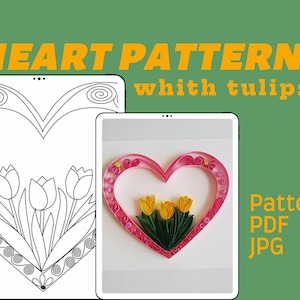 Könnte beinhalten: Eine digitale Illustration eines herzförmigen Rahmens mit Tulpen darin. Der Rahmen ist rosa und die Tulpen sind gelb. Das Bild ist auf weißem Hintergrund. Der Text "Pattern PDF JPG" befindet sich in der unteren rechten Ecke des Bildes.