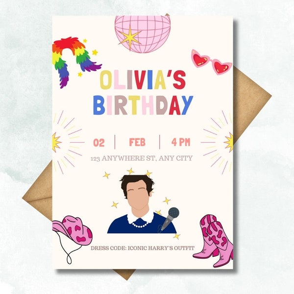 Invitation template, Harry Styles party, Love on tour, birthday party, pink, blue, white, yellow, glitter, EDITABLE ON CANVA