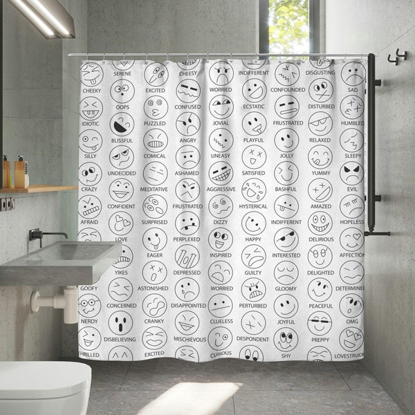 Smiley Face Shower Curtain | Smiley Emoji Bathroom Decor | Happy Face Home Decor |  Fun Kids Bathroom | Teen Dorm Bathroom | Black and White