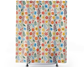 Floral Shower Curtain: Colorful Spring Bathroom Decor, Botanical Curtain