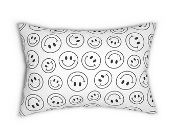 Smiley Face Rectangle Lumbar Pillow: Black and White Couch Throw Pillow, Happy Face Accent Pillow